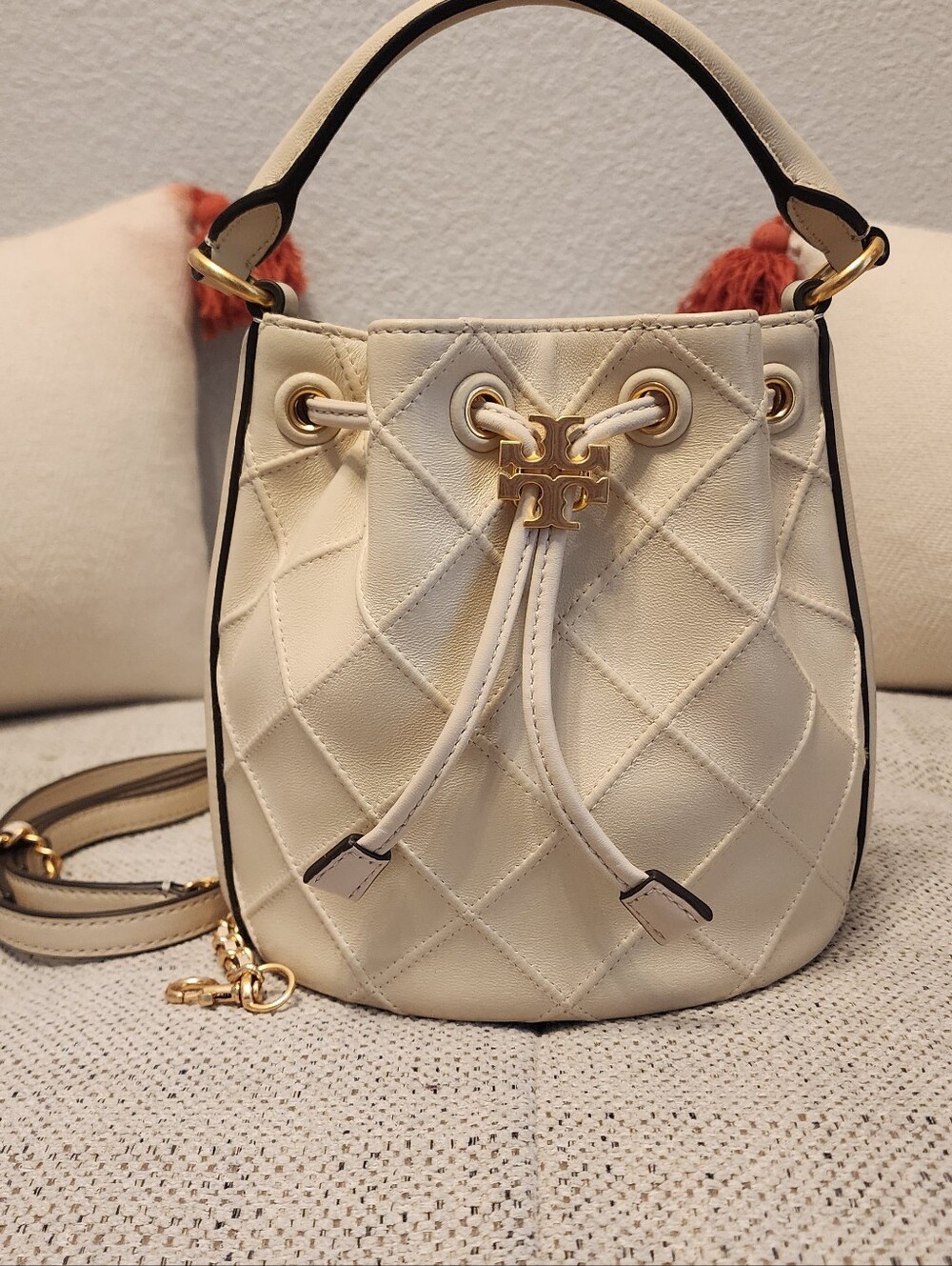 Tory Burch Cream Quilted Drawstring Bucket Bag